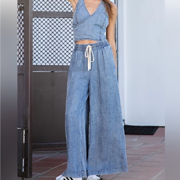 eesome boutique  Barrister tie waist Tencell Wide Leg pants size M - Picture 1 of 10